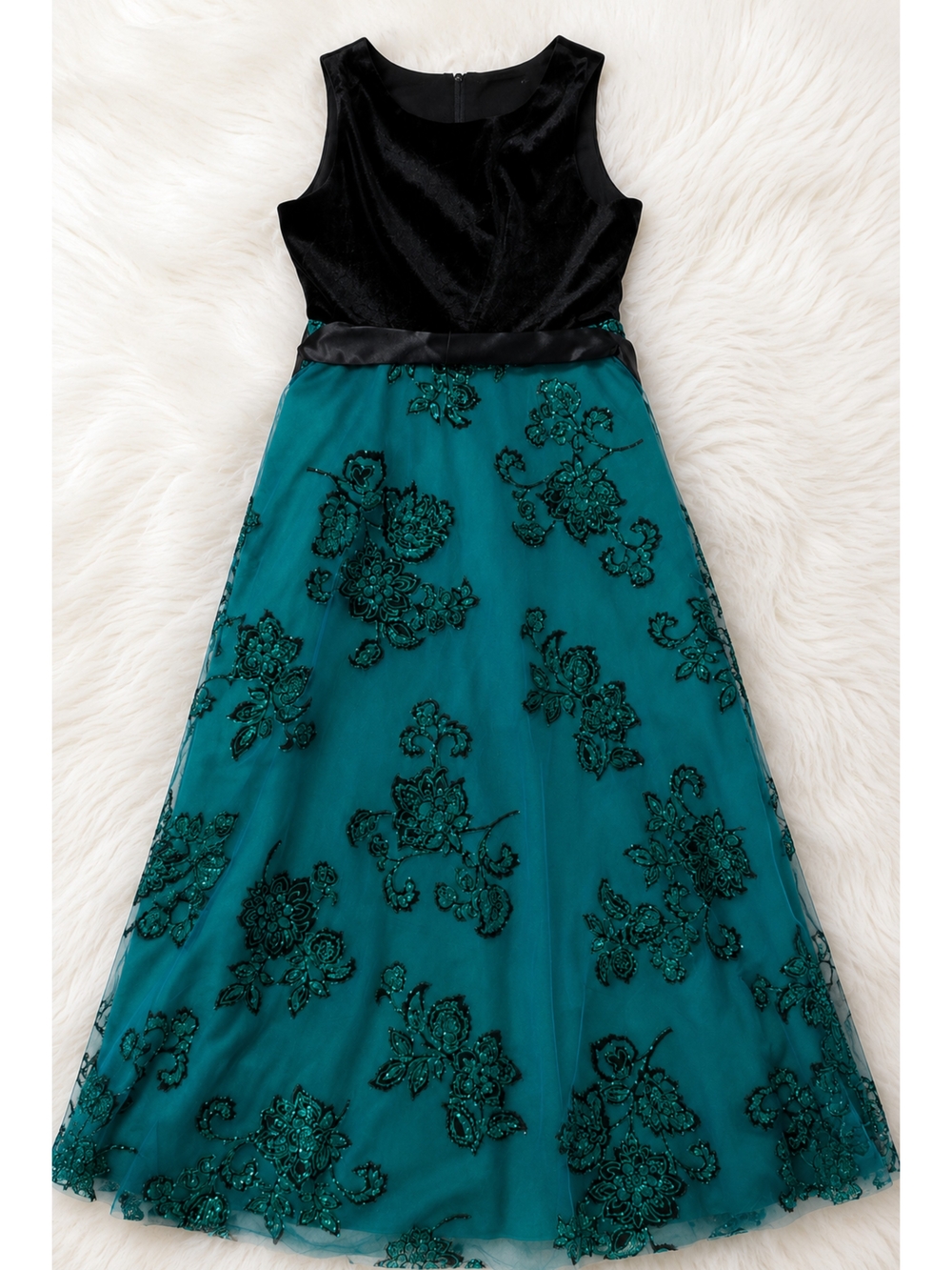 Rare Editions Black Velvet & Teal Floral Sequin Girls' Formal Dress
